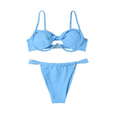 Einfarbiger, geknoteter, gerüschter, ausgehöhlter, rückenfreier Bikini